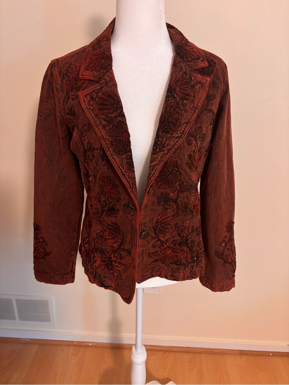Coldwater Creek Embroidered Rust Brown Velvet Blazer